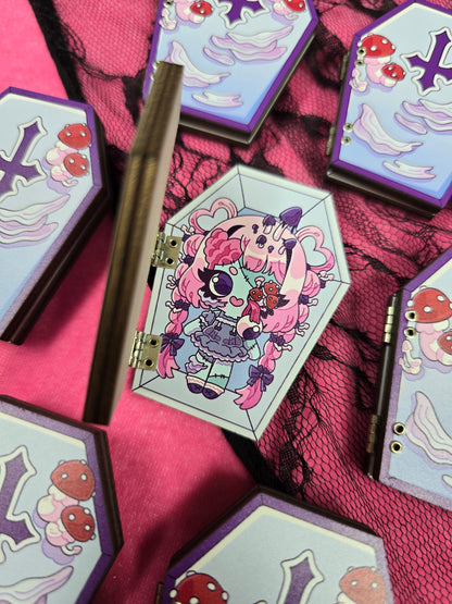 ZOMBABIES - PSYCHADELLIC DECOMPOSITION WOODEN COFFIN PIN