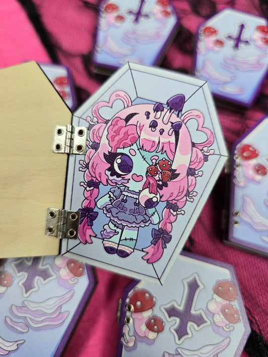 ZOMBABIES - PSYCHADELLIC DECOMPOSITION WOODEN COFFIN PIN